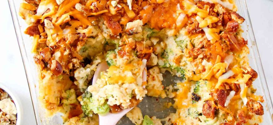 Broccoli and Cheese Rice Casserole With Garlic Pretzel Topping