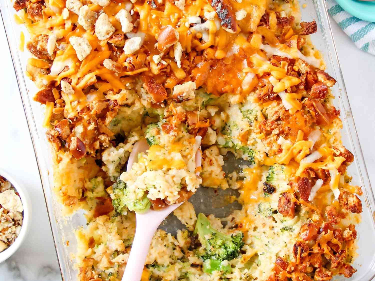 Broccoli and Cheese Rice Casserole With Garlic Pretzel Topping