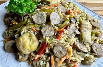 One Pan Chicken Sausage, Vegetables, and Orzo