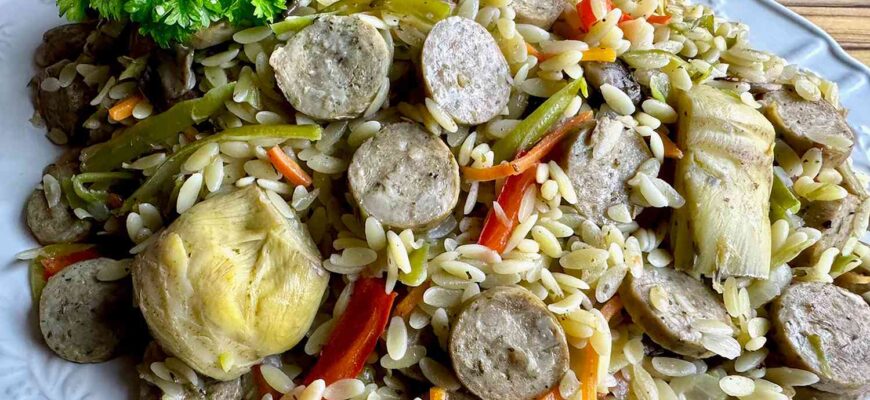 One Pan Chicken Sausage, Vegetables, and Orzo