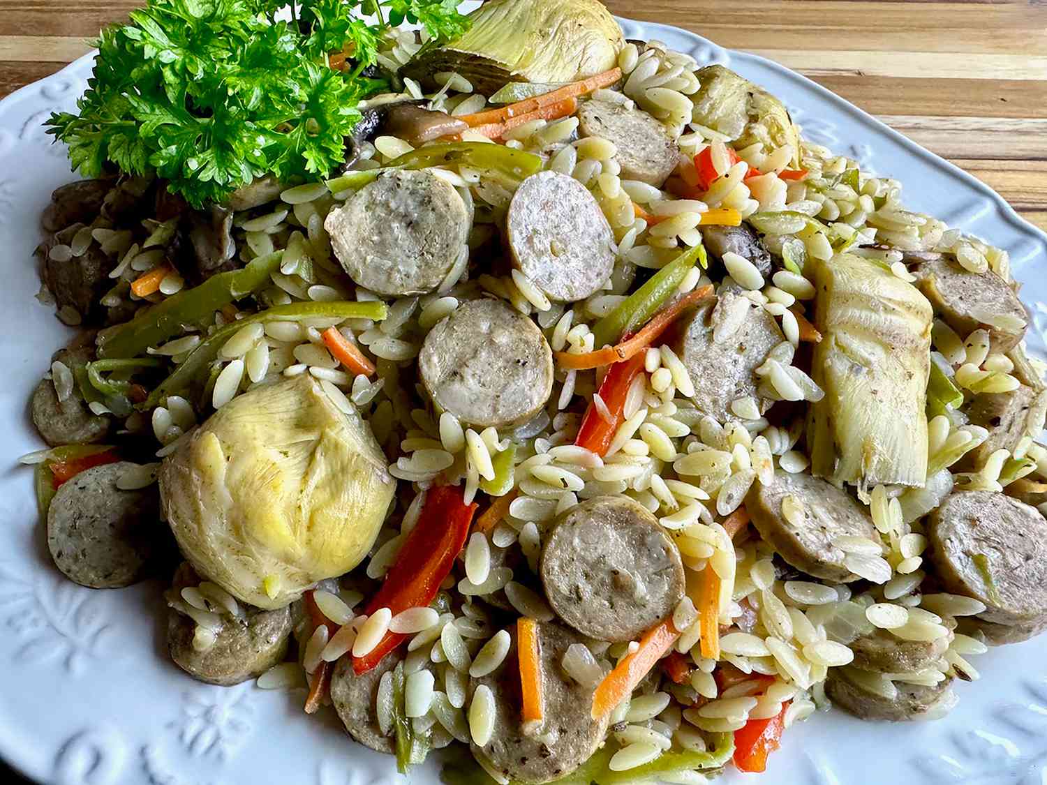 One Pan Chicken Sausage, Vegetables, and Orzo