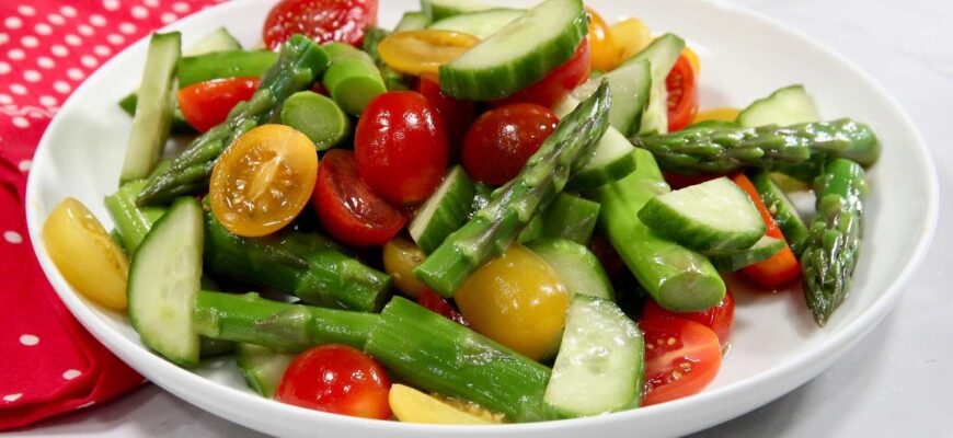 Asparagus, Cucumber, and Tomato Salad with Sesame Soy Vinaigrette